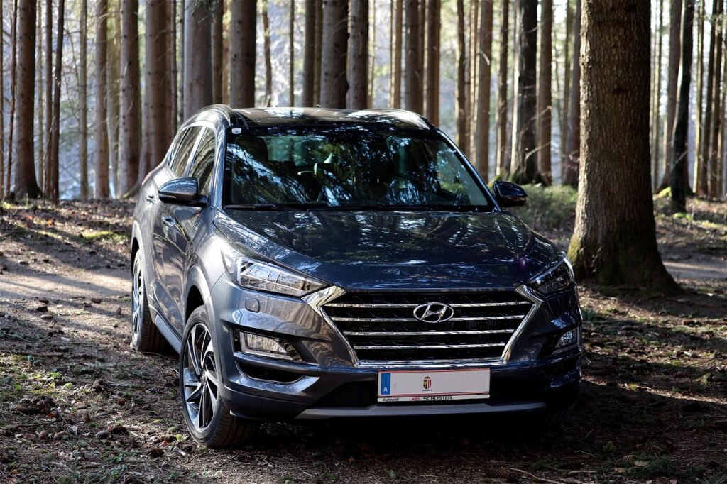 automobile, hyundai, dynamic, windshield, suv, suv vehicle, vehicle, nature, forest, trees, the shade, 4wd, all wheel drive, hyundai tucson, offroad